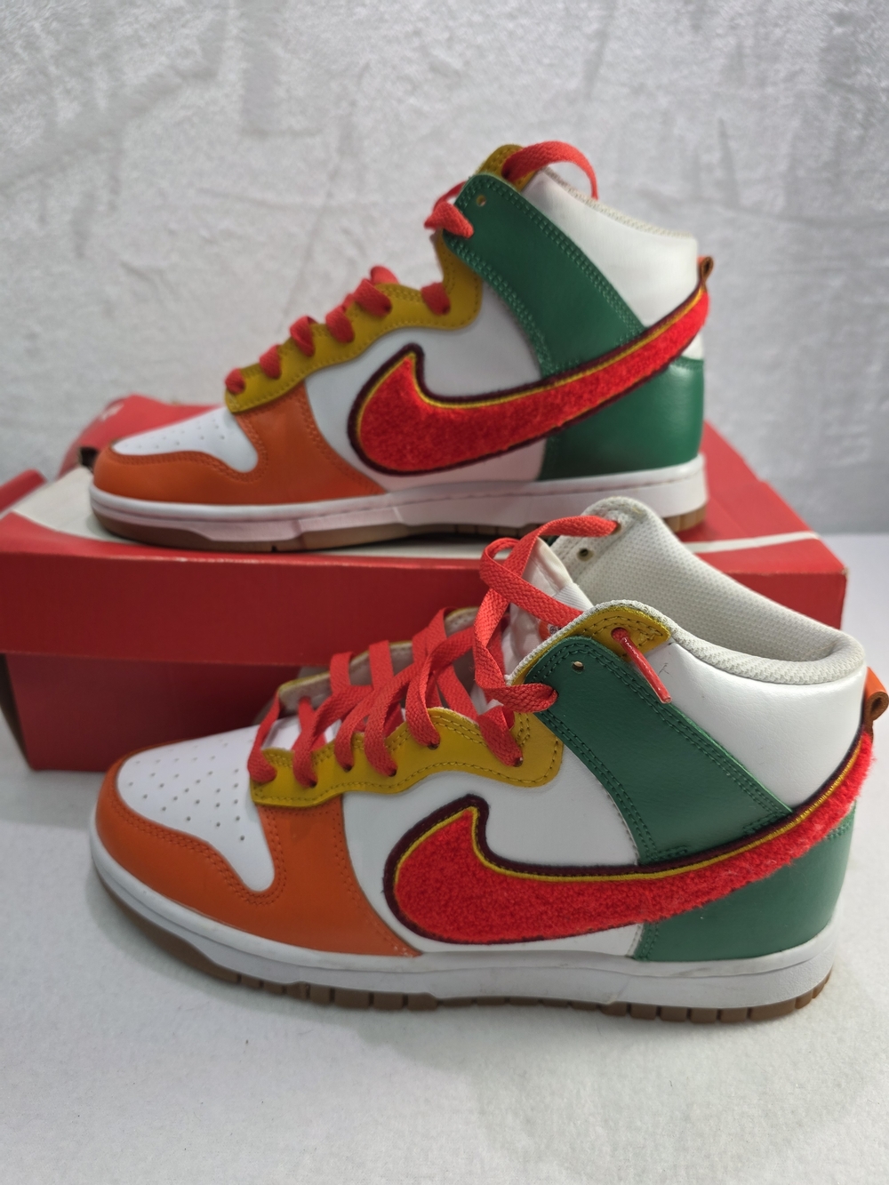 Mens Nike Dunk High Chenille Swoosh Sneakers Green Red Orange Yelliw